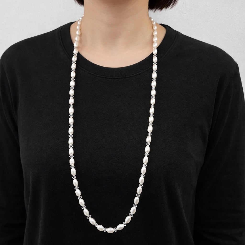 淡水真珠 ロングネックレス 80cm|クリスタルビーズ×シルバーアジャスター付き