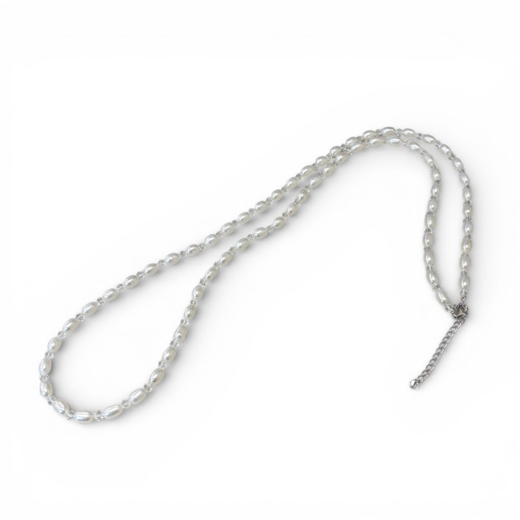 淡水真珠 ロングネックレス 80cm|クリスタルビーズ×シルバーアジャスター付き